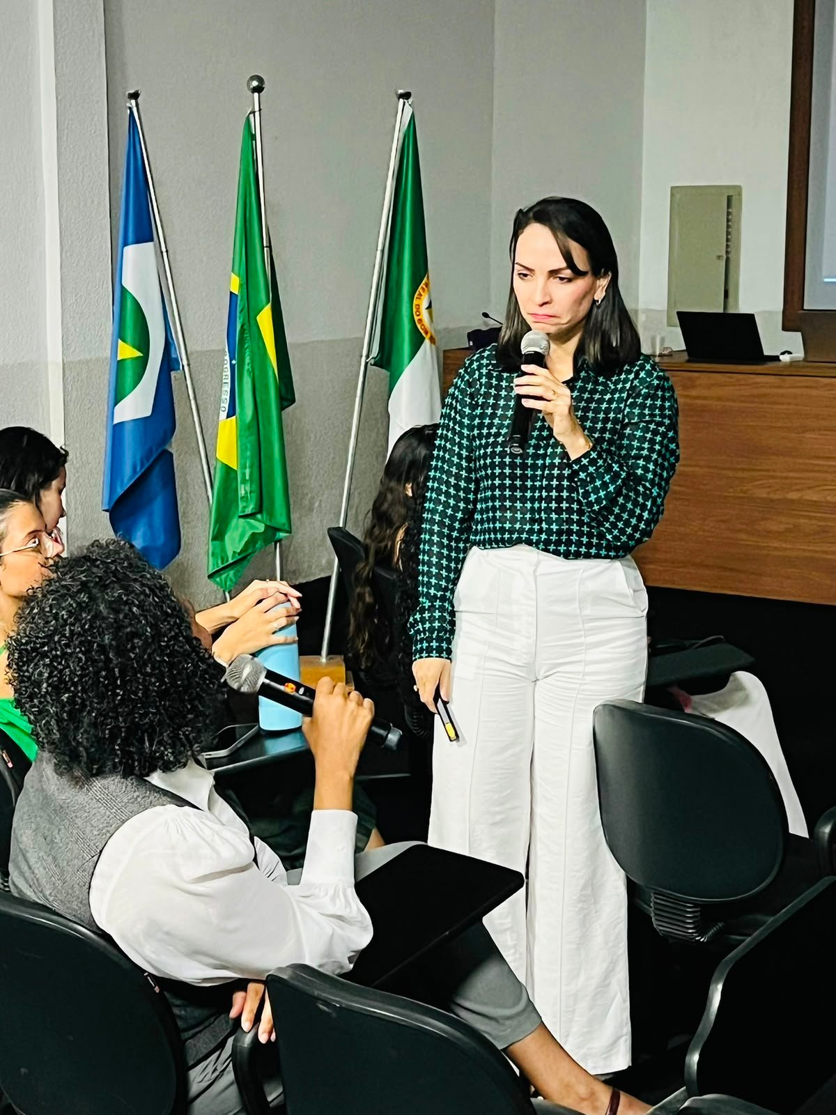Flávia Simone palestrando em auditório institucional