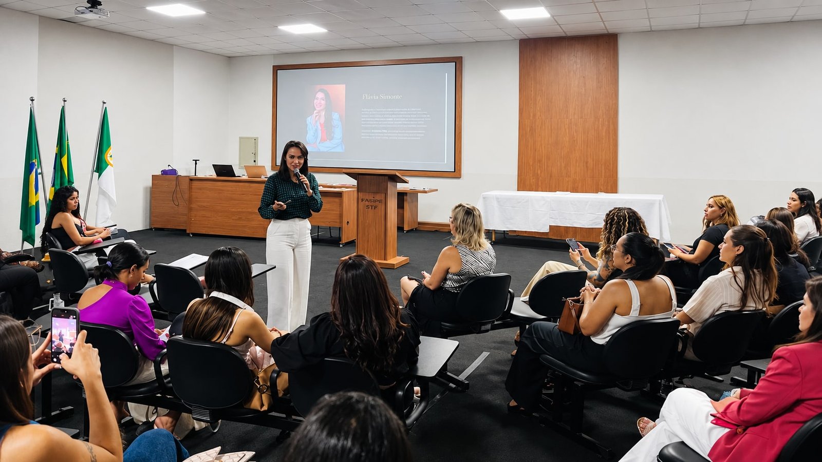 Flávia Simone palestrando para uma turma em evento da Trinus